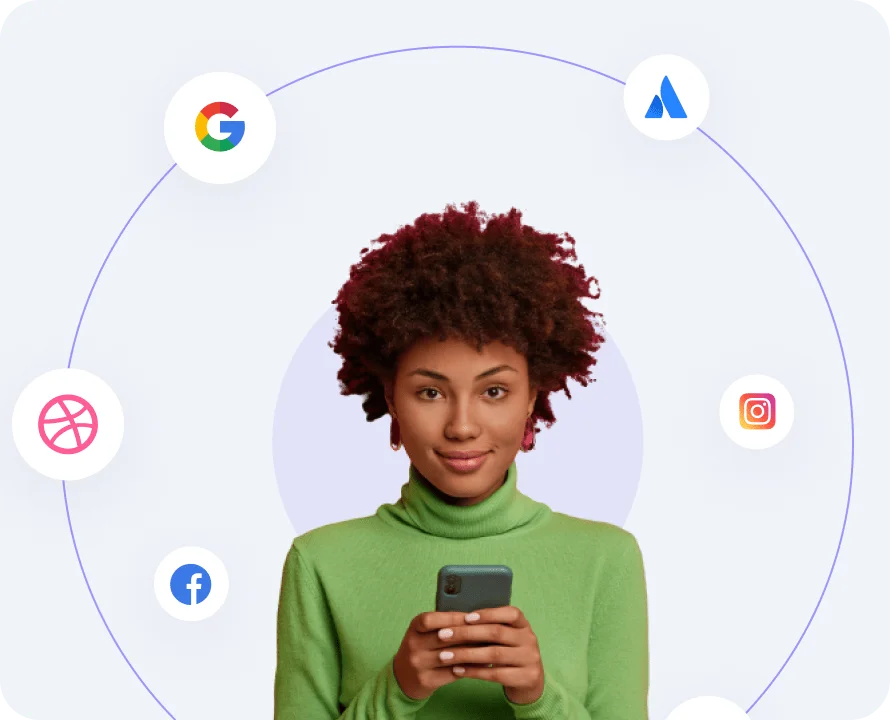 A lady surrounded by apps icon